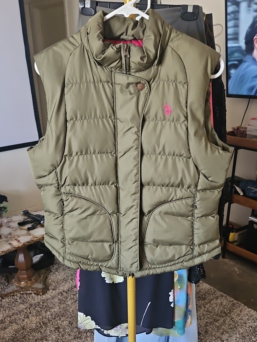 U.S. Polo Assn. Olive Green Quilted Puffer Vest with Pink Logo Accent